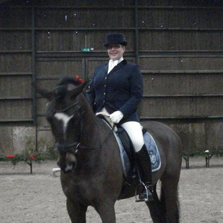Volwassen amazone te paard in de binnenbaan van Manege M. Meijer